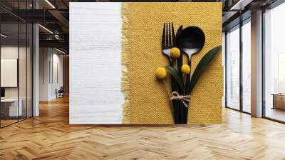 Top view of autumn place setting with cutlery on white wooden table, space for text Wall mural