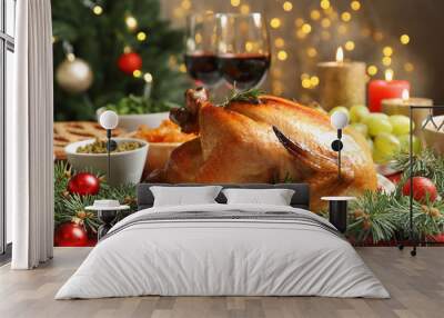 Traditional festive dinner with delicious roasted turkey served on table Wall mural