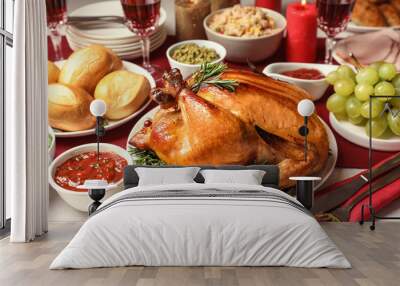 Traditional festive dinner with delicious roasted turkey served on table Wall mural