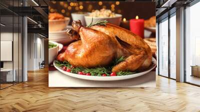 Traditional festive dinner with delicious roasted turkey served on table Wall mural