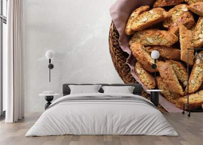 Traditional Italian almond biscuits (Cantucci) on light table, top view. Space for text Wall mural