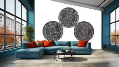 Ukrainian coins isolated on white, top view. National currency Wall mural