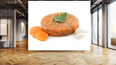 Uncooked carrot cutlet and ingredients isolated on white. Vegetarian product Wall mural