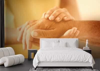 Volunteer and elderly woman holding hands in sunlit room, closeup Wall mural