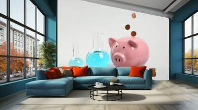 Water save concept. Piggy bank, coins and laboratory glassware with liquid on light grey background Wall mural