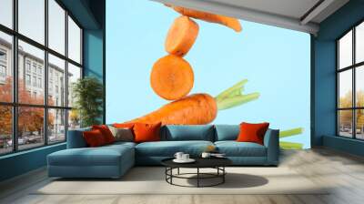 Whole and cut fresh carrots on light blue background, closeup Wall mural