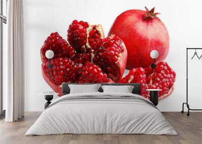 Whole and cut fresh pomegranates isolated on white Wall mural