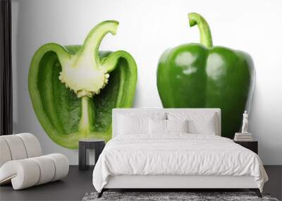 Whole and cut green bell peppers on white background, top view Wall mural