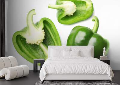 Whole and cut green bell peppers on white background, top view Wall mural