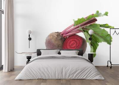 Whole and cut red beets on white background Wall mural