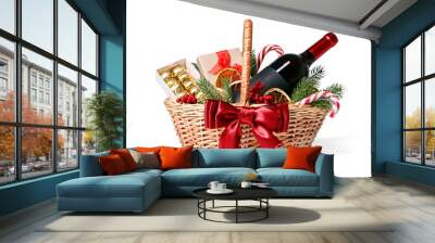 Wicker gift basket with wine and Christmas decor isolated on white Wall mural