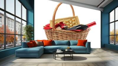 Wicker gift basket with wine isolated on white Wall mural