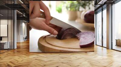 Woman cutting red onion into slices at countertop in kitchen, closeup Wall mural