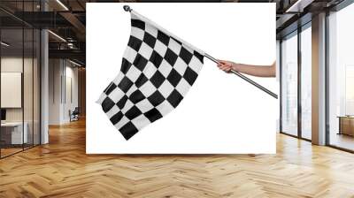 Woman holding checkered finish flag on white background, closeup Wall mural