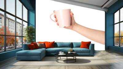 Woman holding pink cup on white background, closeup Wall mural