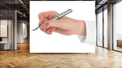 Woman holding stylish fountain pen on white background, closeup Wall mural