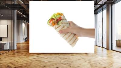 Woman holding tasty chicken shawarma on white background, closeup Wall mural