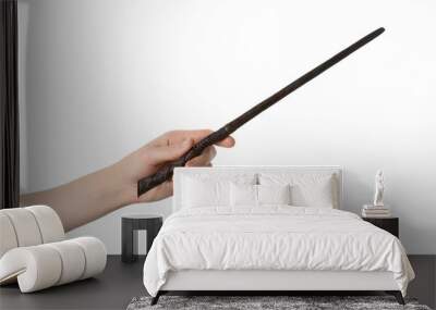 Woman holding wooden magic wand on white background, closeup Wall mural