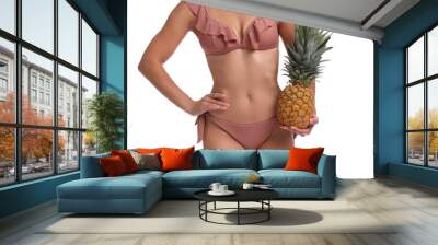 Woman in bikini with fresh pineapple on white background, closeup Wall mural