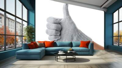 Woman in grey woolen glove showing thumb up gesture on white background, closeup Wall mural