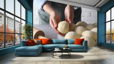 Woman making dough ball at grey table, closeup Wall mural