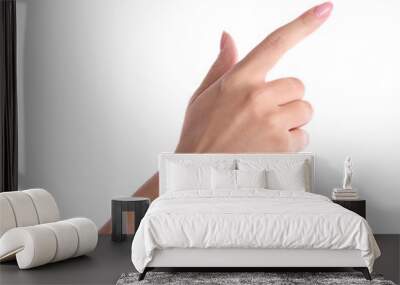 Woman pointing to something on white background, closeup Wall mural