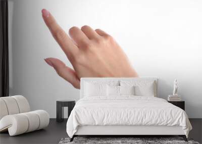 Woman pointing to something on white background, closeup Wall mural