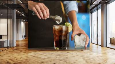 Woman preparing fresh alcoholic cocktail with lemon and mint at bar counter, closeup Wall mural