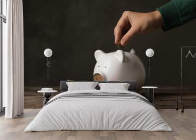 Woman putting coin into piggy bank on table against dark background Wall mural