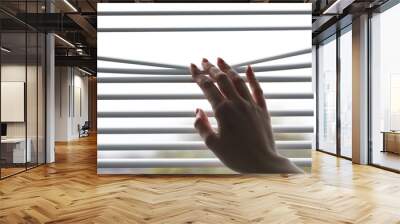 Woman separating slats of white blinds indoors, closeup Wall mural