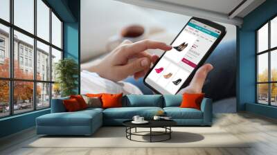 Woman shopping online via smartphone indoors, closeup Wall mural