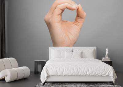 Woman showing O letter on grey background, closeup. Sign language Wall mural