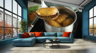 Woman taking boiled potato from saucepan on stove, closeup Wall mural