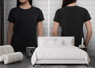 Woman wearing black t-shirt near white brick wall, back and front view. Mockup for design Wall mural