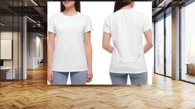 Woman wearing casual t-shirt on white background, closeup. Collage with back and front view photos. Mockup for design Wall mural