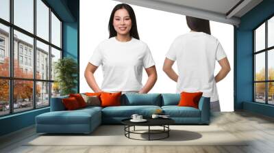 Woman wearing white t-shirt on white background, collage of photos. Front and back views Wall mural