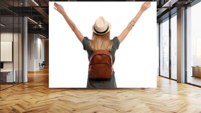 Woman with backpack on white background, back view. Summer travel Wall mural