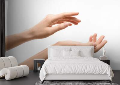 Woman with beautiful hands on white background, closeup Wall mural