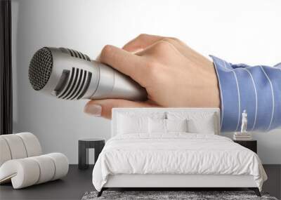 Woman with microphone on white background, closeup Wall mural