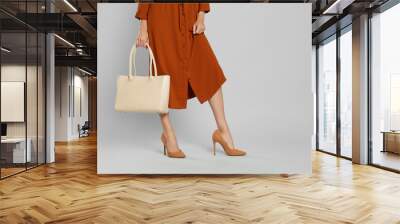 woman with stylish bag on grey background, closeup Wall mural