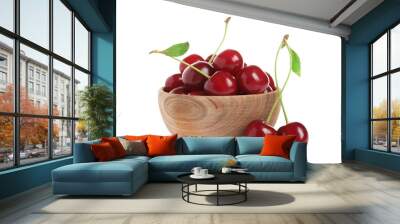 Wooden bowl of delicious ripe sweet cherries on white background Wall mural