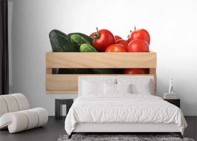 Wooden crate full of fresh vegetables on white background Wall mural