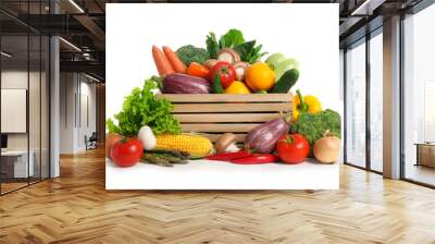 Wooden crate with fresh vegetables on white background Wall mural