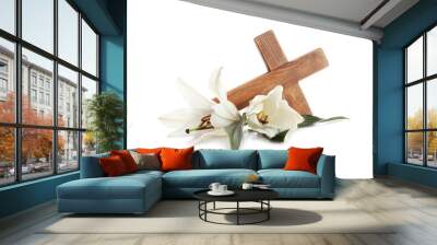 Wooden cross and blossom lilies on white background Wall mural