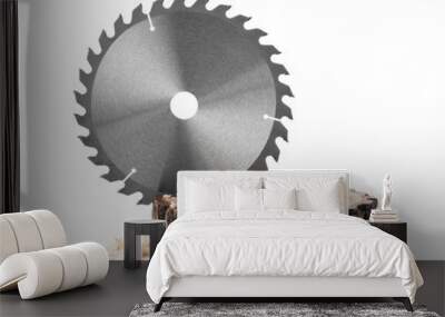 Wooden cut with saw disk isolated on white. Carpenter's tool Wall mural