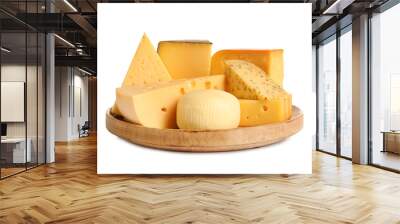 Wooden plate with different kinds of cheese on white background Wall mural