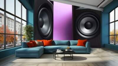 Wooden sound speakers on violet background, closeup Wall mural