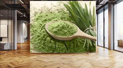 Wooden spoon with wheat grass powder and green sprouts on table Wall mural