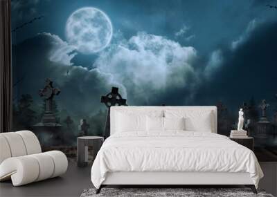 Wooden surface and misty graveyard with old creepy headstones under full moon. Halloween banner design Wall mural