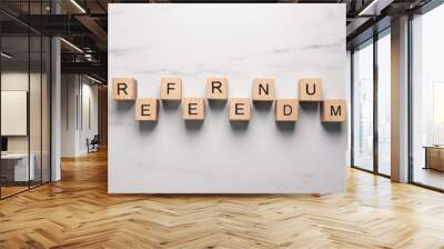 Word Referendum of wooden cubes on white marble table, flat lay Wall mural